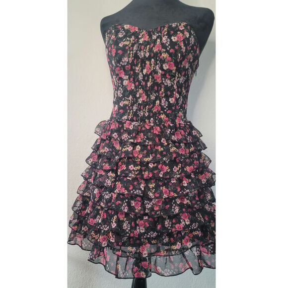 Guess Dresses & Skirts - Vintage 90s Black Floral Cottage Strapless Corset Dress Tiered Chiffon Ruffles 5